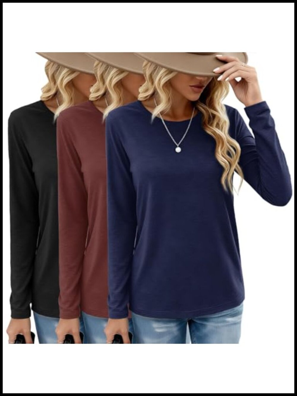 3 Pack Long Sleeve Shirts Loose Fit Crew Neck Pullover Tops